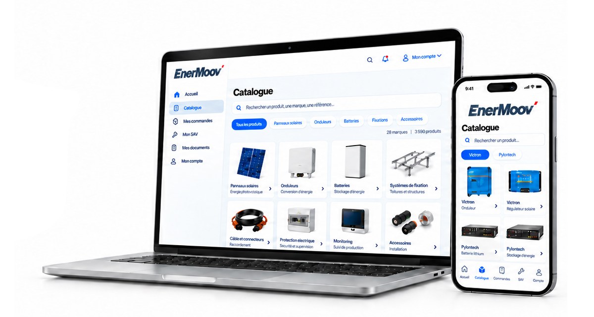 Portail EnerMoov.PRO sur MacBook et iPhone : catalogue, commandes et SAV
