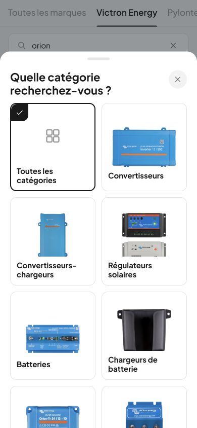 Sélection des catégories de produits dans le portail EnerMoov