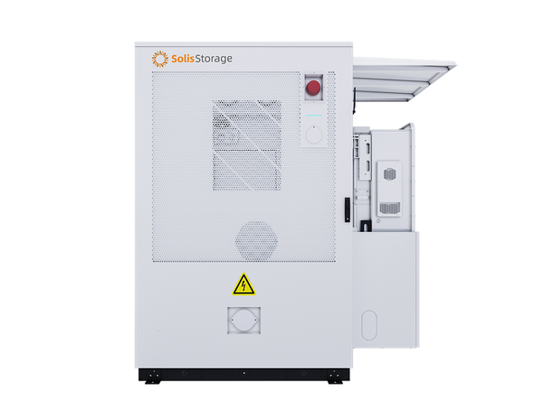 EnerMoov - armoire BESS Solis EverCore vue de face, compartiments onduleur hybride et packs batterie LFP